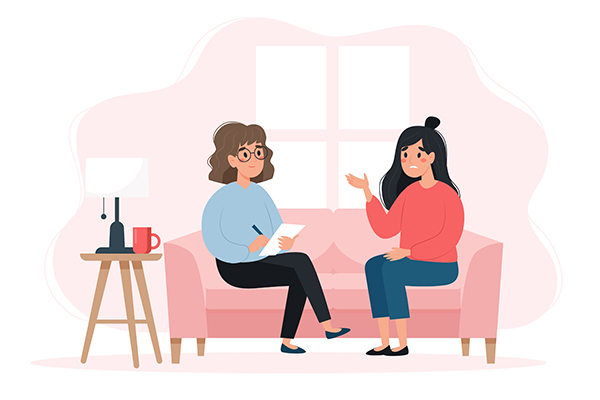 Psychotherapy session - woman talking to psychologist sitting on sofa. Mental health concept, vector illustration